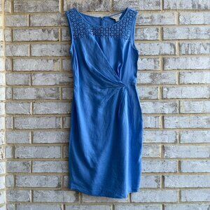 MONSOON Sleeveless 100% Linen Eyelet Neck Drapery Front Dress Size 4.